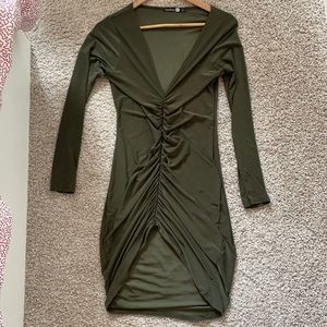 Olive green v-neck bodycon dress with front ruche